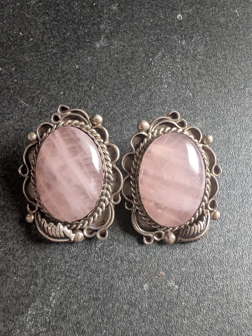 Sterling Silver Rose Quartz Oval Vintage-Style Earrings